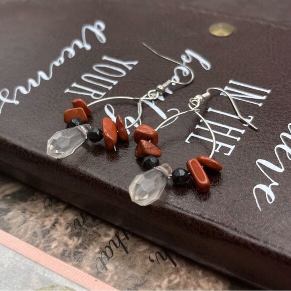 Vintage Red Jasper Beaded Teardrop Hoop Earrings - Picture 4 of 6